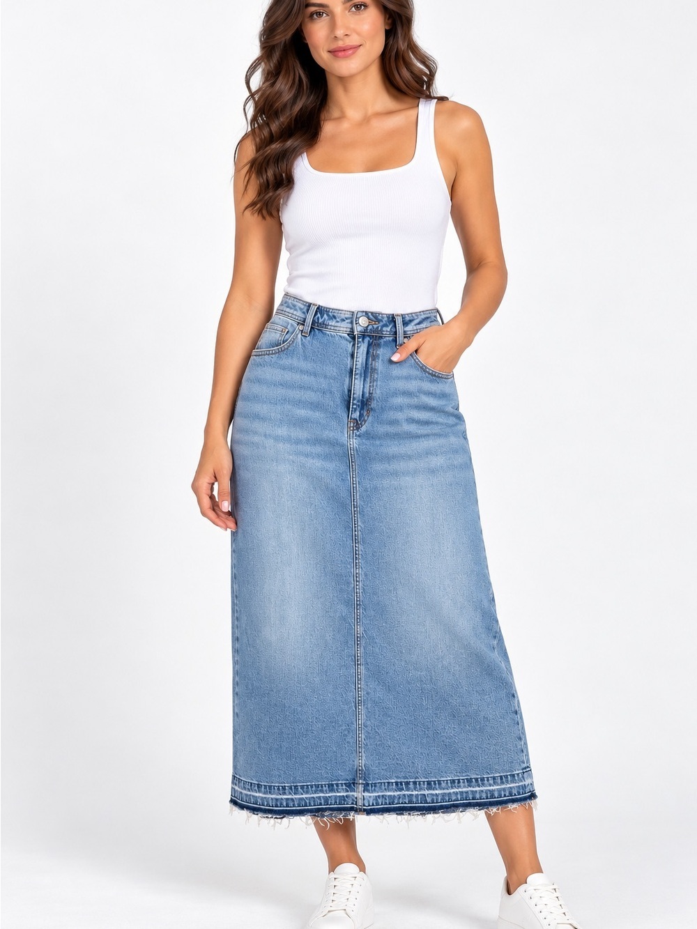 Talbots Size 12 Light Wash Denim Maxi Skirt Raw Hem Back Slit